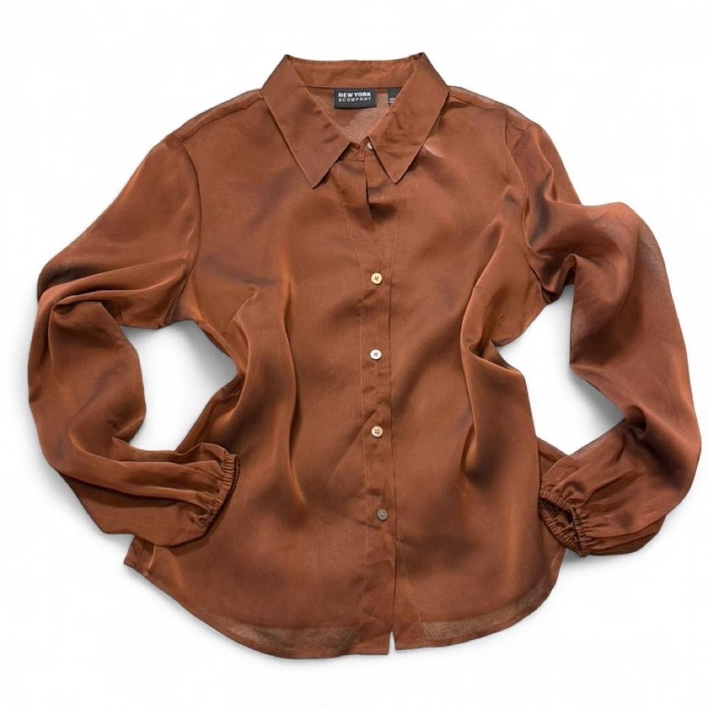 Vintage Y2K New York & Company Brown Sheer Button Down Top, Women's Size L